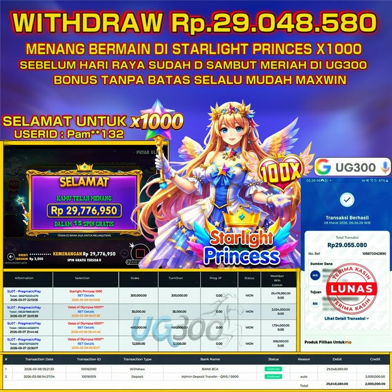 UG300 BERMAIN DI STARLIGHT PRINCESS 1000 JACKPOT Rp.29,048,580- DI BAYAR TUNTAS